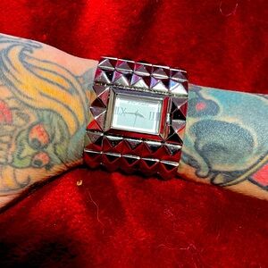 Betsy Johnson Vintage Punk Studded Silver Watch. Works Great! Comes with Box
